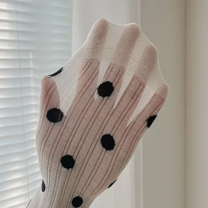 Detail of white sheer crew socks with black polka dots and vertical knit texture