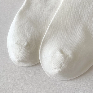 Detail of reinforced toe stitching on white ribbed Lolita style mid-calf cotton socks
