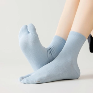 Light blue Tabi socks for women with mid-calf height and breathable cotton fabric texture