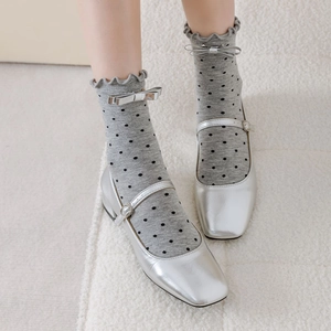 Chaussettes Mi-Mollet En Mélange De Coton À Pois Doux Avec Bordure À Volants Et Nœud Style JK Japonais Pour Femmes