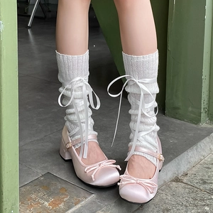 Women Knit Leg Warmers Balletcore Ribbed Slouch Socks With Satin Ribbon Bow JK Style Sweet Calf Covers