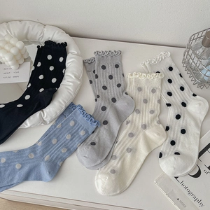 Women Polka Dot Crew Socks Cotton Breathable Ruffle Lettuce Edge Sweet Balletcore Style Japanese JK Fashionable Hosiery