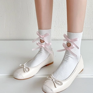 Women Cotton Knit Calf Socks Pink Satin Bows Hollow Out Heart Detail Sweet Balletcore Style Ribbed Crew Socks
