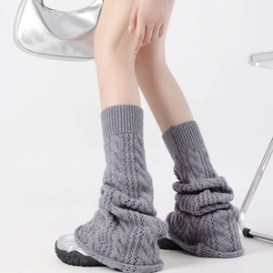 Grey cable knit leg warmers with hollow-out pattern for women in trendy slouchy style