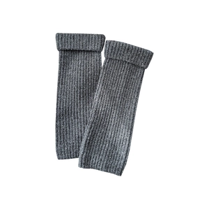 Grey rib-knit leg warmers in flecked yarn featuring stylish folded cuffs for winter