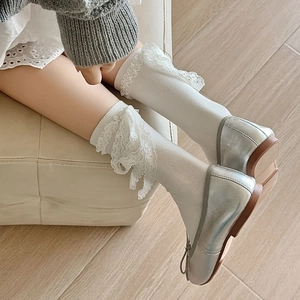 Sweet Lolita style mid-calf socks with lace ruffles and silver glitter Mary Jane shoes