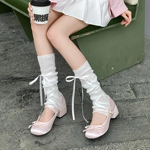 Pink satin Mary Jane block heels with ribbon bow and white balletcore socks