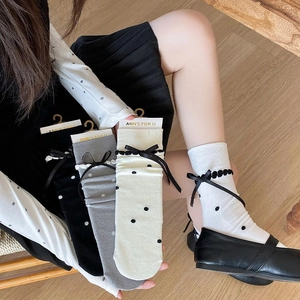 Polka dot crew socks for women with ribbons and bow ties in black, grey and cream