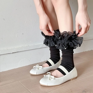 Lolita black knit leg warmers with organza ruffles and pearl beads for women