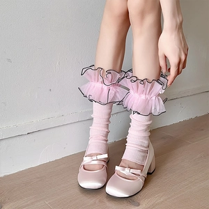 Lolita pink ruffled leg warmers with organza lace and pearls paired with Mary Jane shoes