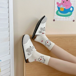 Japanese style white ribbed socks with cute cartoon bear print and stylish mules