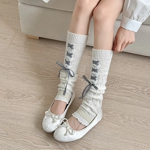 Knitted Leg Warmers For Women Girls Lolita Balletcore Style Cable Knit Bow Ribbon Lacing Sweet Fashion Warm Socks
