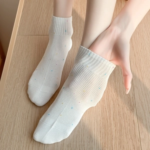 Détail de chaussettes blanches en résille à pois colorés et texture respirante