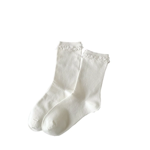 Sweet white lace trim socks with ribbons for women in Lolita style calf length socks