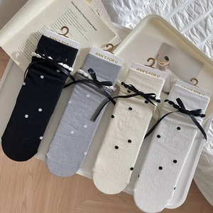 Detailed set of bowknot socks with lace trim and polka dots in 4 elegant colors