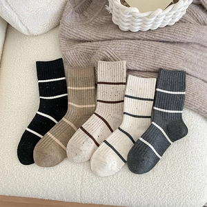 Women Striped Mid Calf Socks Cotton Blend Confetti Yarn Japanese Style Retro Breathable Hosiery For Autumn Winter