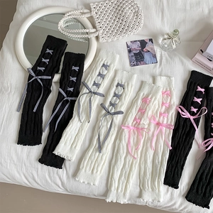 Lolita style cable knit leg warmers with ribbon bow ties in multiple color options