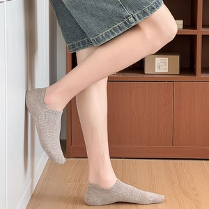 Close-up of light grey mesh breathable invisible socks with silicone non-slip heel design
