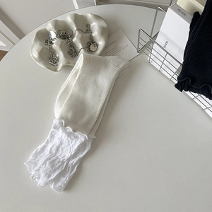Detail of white mesh calf socks featuring sweet lace trim and ribbed knit texture