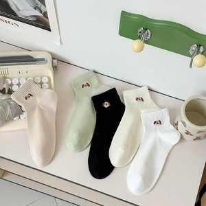 Women Cotton Short Socks Breathable Mesh Puppy Embroidery Kawaii Japanese Style Casual Ankle Hosiery Soft Comfortable