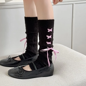Lolita black knit leg warmers with pink bow ribbons and lace-up straps for JK style