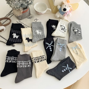 Women Crew Socks Cotton Blend Ribbon Bow Heart Puppy Embroidery Jacquard Knit Sweet Fashion Daily Wear