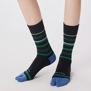 Detail of striped Tabi socks with 'More Fun' text and contrast toe design in soft knit
