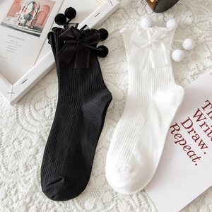 Calze Lolita Cotone Costine Bordo A Volant Fiocco Pom Poms Dolce Stile JK Giapponese Per Donne Ragazze Kawaii