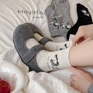 Sweet ribbon bow socks with cartoon puppy print and grey felt home slippers
