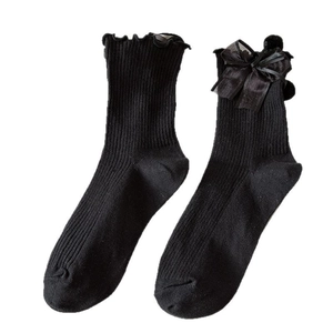 Calze nere stile Lolita con bordo a volant e fiocco in mesh dal design giapponese