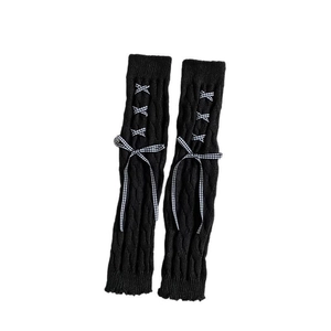 Lolita style black cable knit leg warmers with gingham bow ribbons for women and girls