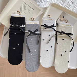 Women Sweet Cotton Mid Calf Slouch Socks Ribbon Bow Polka Dot Ruffle Japanese College Style Breathable Hosiery