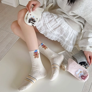 Cute bear embroidered mid-calf socks for women featuring colorful dotted yarn stripes