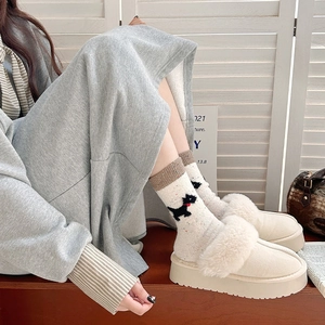 Thick warm wool socks with cute dog pattern and plush slippers for winter home style