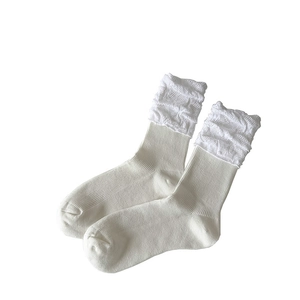 Creamy white ribbed knee-high socks with sweet lace trim detailing on the cuffs