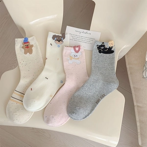 Mid Calf Cotton Socks Cartoon Animal Embroidery Striped Dot Yarn Cute Casual Preppy Style Women Breathable Hosiery