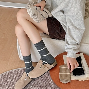 Japanese style striped crew socks set with ribbed knit texture in various retro colors