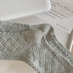 Detailed close-up of light gray knit socks with vintage textured pattern and reinforced heel