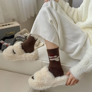 Close-up of thick wool socks with cute puppy patterns and cream plush home slippers