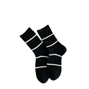 Japanese style black crew socks with white stripes and speckled knit texture