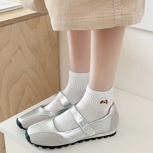 Silver Mary Jane sneakers with velcro strap and white puppy embroidery cotton mesh socks
