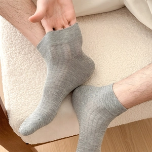 Detailed view of grey mesh breathable low cut cotton socks for men on feet