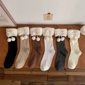 Women Mid Tube Slouch Socks Cotton Ribbed Knit Plush Faux Fur Cuff White Pompom Bow Sweet Lolita Style Warm Winter