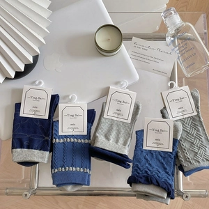 Set of 5 pairs of vintage blue and grey cotton crew socks with ripple textures