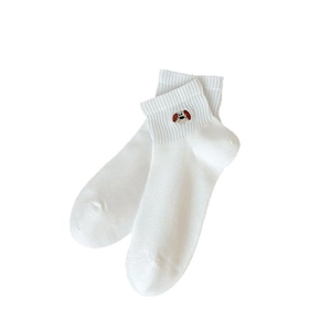 Cute cartoon puppy embroidery white mesh cotton socks with breathable ribbed ankle cuffs