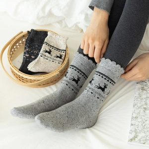 Gray wool socks with heart bow patterns and Nordic Christmas knit style for women