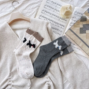 Close-up of thick thermal wool socks featuring cute dog jacquard and colorful flecked yarn