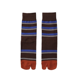 Japanese style striped two-toe tabi socks in brown with blue stripes and orange toes