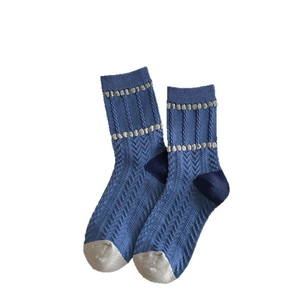 Japanese style blue textured crew socks with contrast toe and vintage knitted pattern