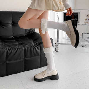 Detail of sweet white Lolita calf socks with fuzzy pom-poms and ribbed knit texture